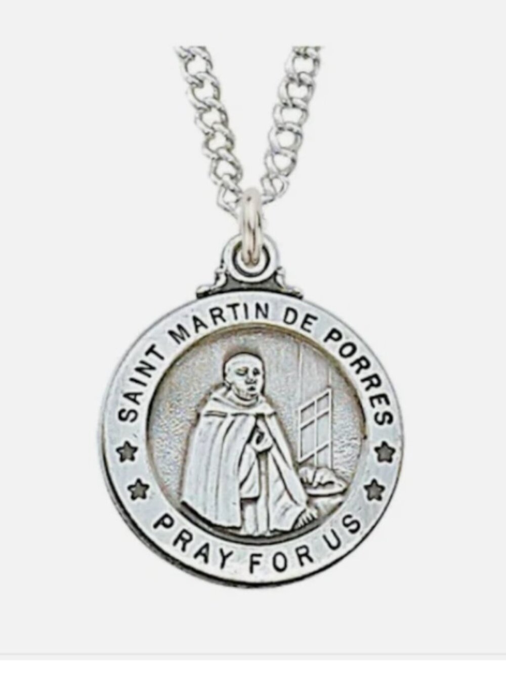 St Martin de Porres - Round Sterling Silver Medal with 18" Rhodium Plated Medal
